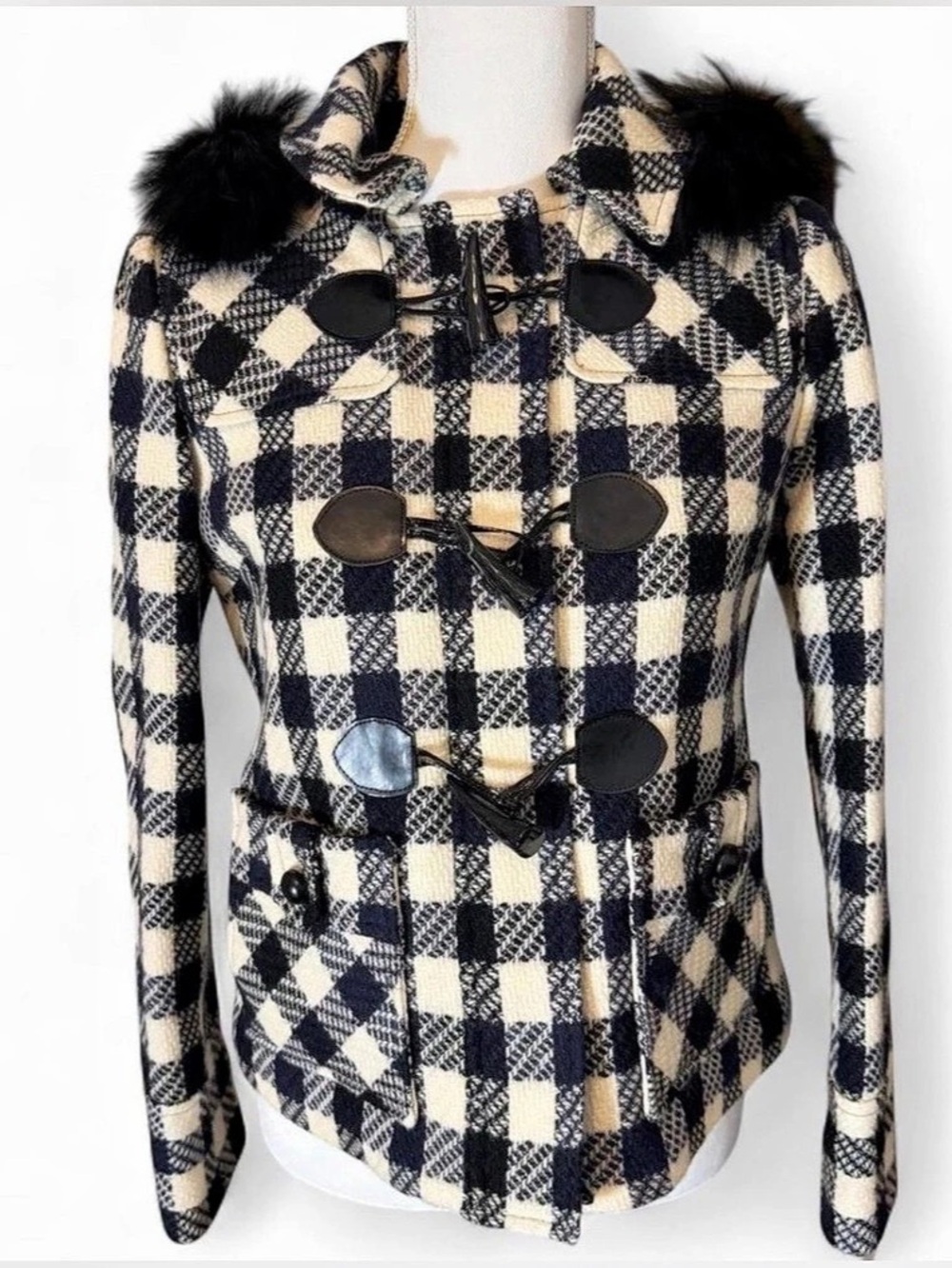 Milly of NY Y2K Wool Plaid Toggle Pea Coat Genuine Fox Fur Black & Cream Size 2